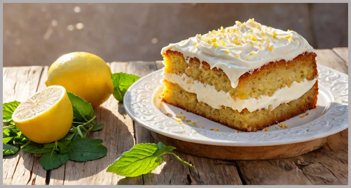 An overhead flat lay of a whole lemon and courgette cake with white chocolate cream cheese frosting, bathed in golden hour light with lemon zest and mint.