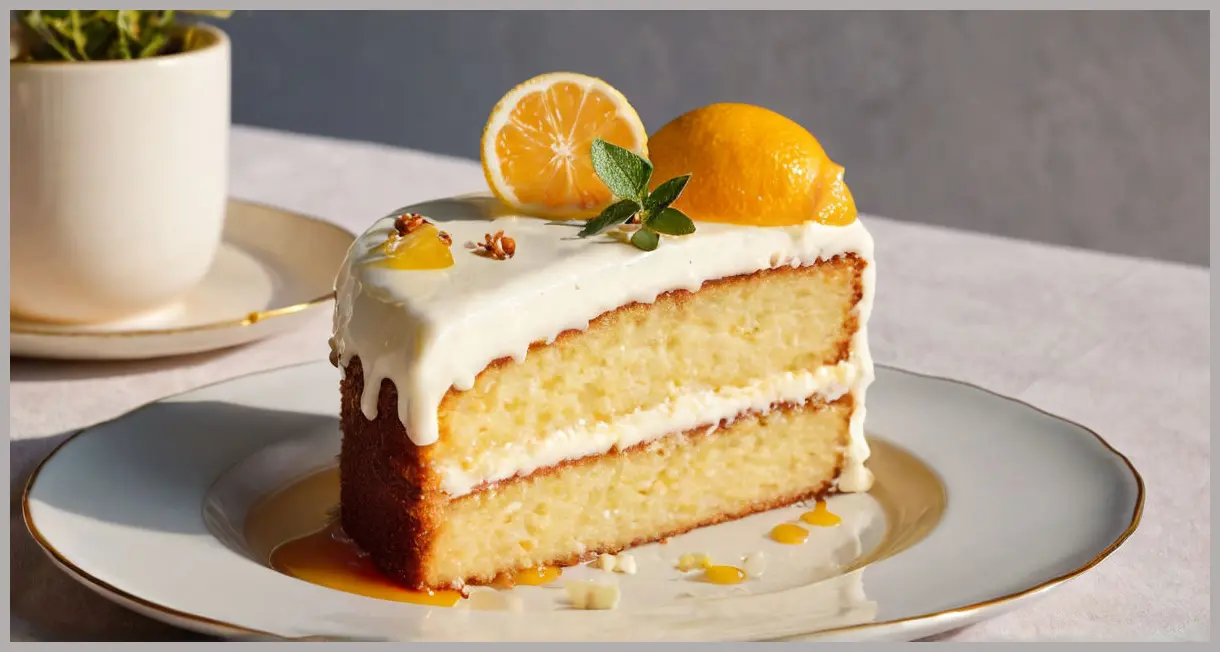 A single slice of orange blossom, lemon thyme and almond cake on porcelain, backlit by golden hour, syrup dripping, thyme garnish, cinematic angle.