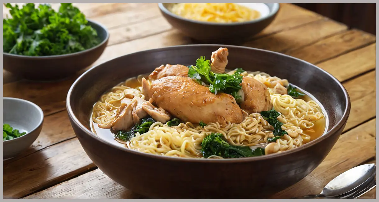 A steaming bowl of Chinese chicken with noodles on a rustic wooden table, bathed in golden hour light, showcasing tender chicken, silky noodles, and fresh garnish. Chinese chicken with noodles