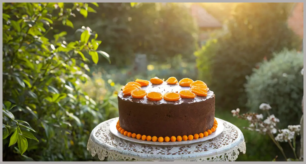 Mary Berry’s very best chocolate and orange cake on a silver stand during golden hour, with garden bokeh and delicate curls catching the light.