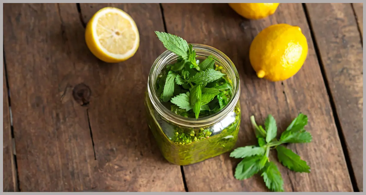 Overhead view of green coriander chutney in a jar, surrounded by fresh herbs and lemons in golden hour light. Green coriander chutney