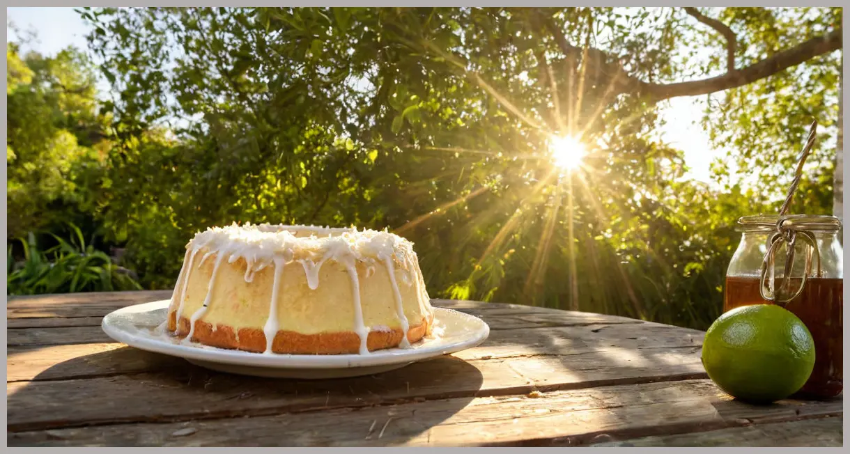 A whole Coconut and lime angel cake on a picnic table during golden hour, backlit by dappled sunlight and surrounded by nature.
