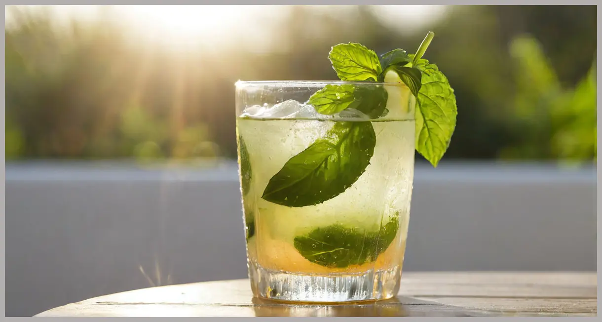 A photorealistic close-up of a vibrant Cucumber and basil cocktail in a frosty highball glass, illuminated by warm golden hour sunlight.