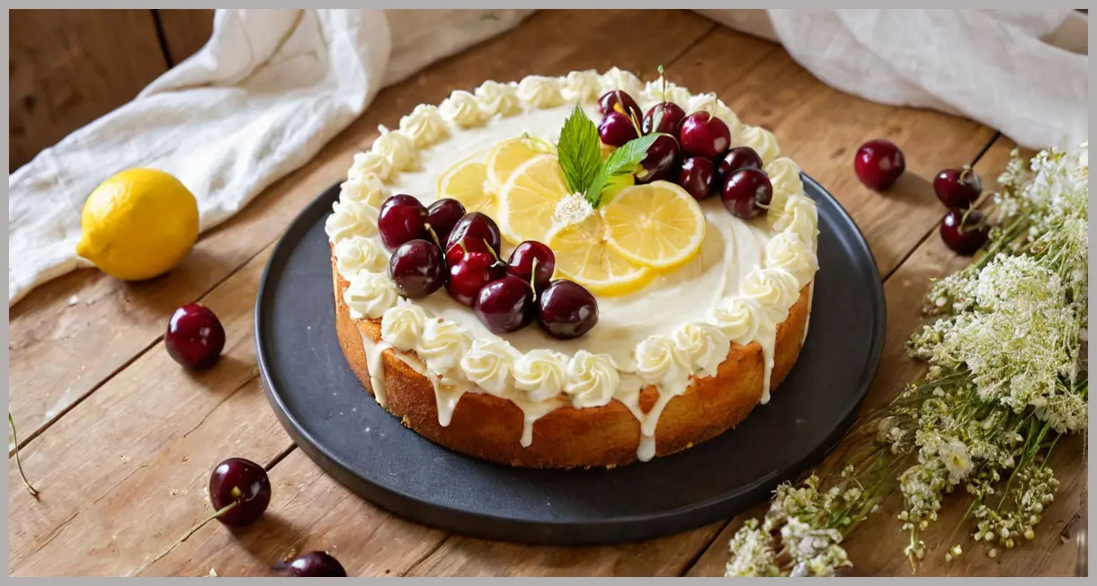 Overhead view of a whole Elderflower, Lemon and Cherry Cream Flourless Cake, golden hour light, cherry topping, and rustic wooden board. Elderflower, lemon and cherry cream flourless cake