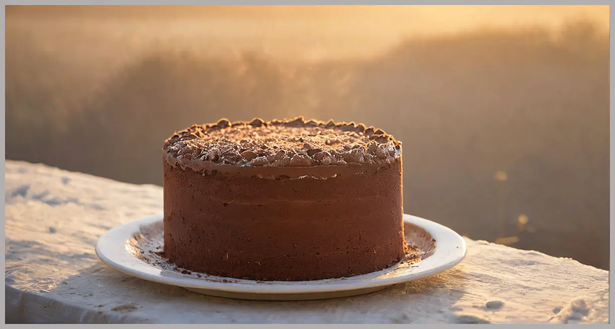 Paul Hollywood’s chocolate fudge cake dusted with cocoa powder, backlit by golden hour light, creating a warm halo effect.