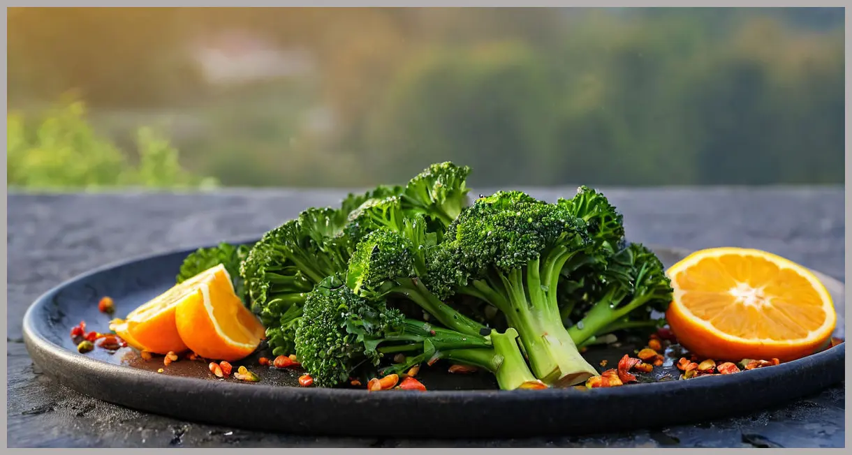 Close-up of backlit purple sprouting broccoli with orange glaze and crispy shallots on slate. Garlic and chilli purple sprouting broccoli