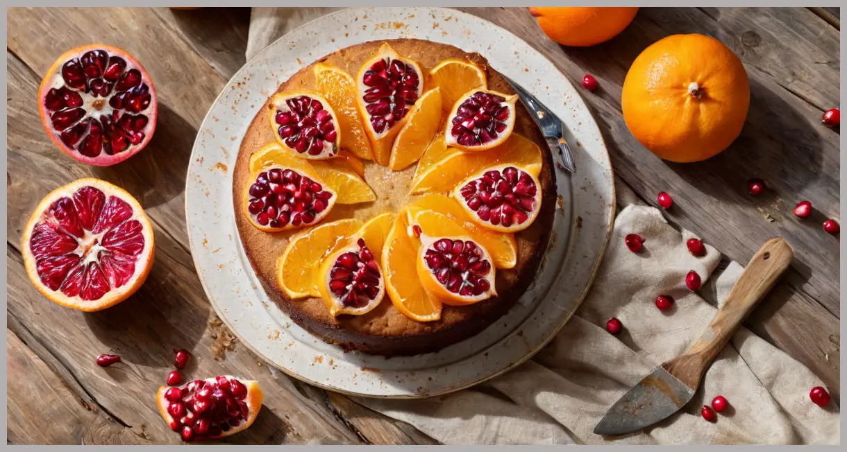 Eric Lanlard’s clementine and pomegranate cake (gluten-free) in overhead flat lay, surrounded by clementines and cinnamon, bathed in warm golden hour sunlight.