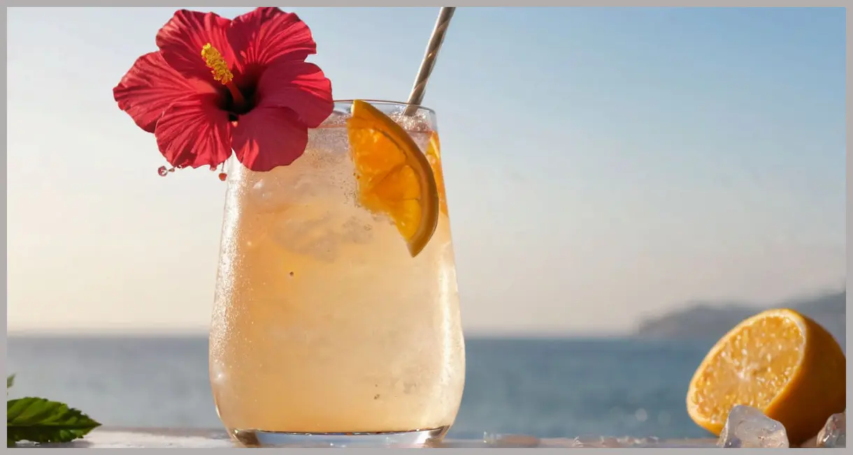 A frosted glass of hibiscus and kombucha sparkling mocktail in golden hour light, close-up with effervescent bubbles and citrus garnish. Hibiscus and kombucha sparkling mocktail
