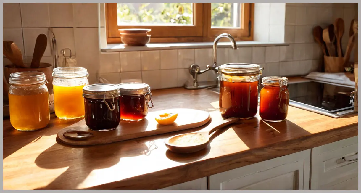Wide-angle of jars of plum and vanilla jam on a sunlit kitchen counter, golden hour glow, wooden surfaces, and copper utensils, Plum and vanilla jam