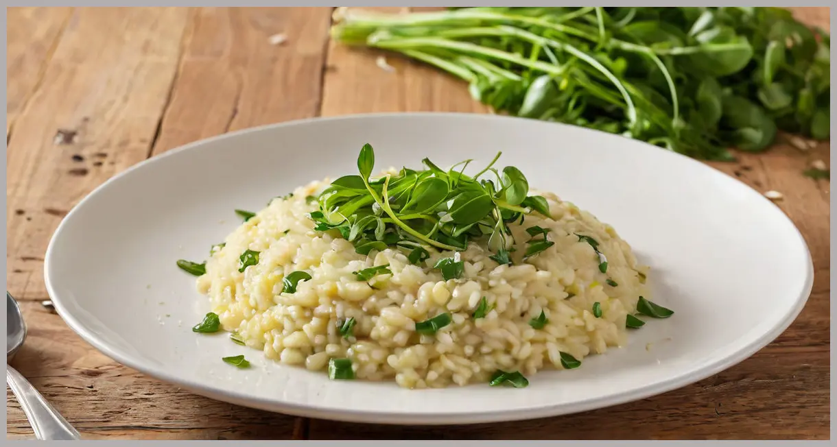Leek and watercress risotto on a wooden table, captured in golden hour light. Garnished with almonds and watercress, with a glossy, inviting texture.