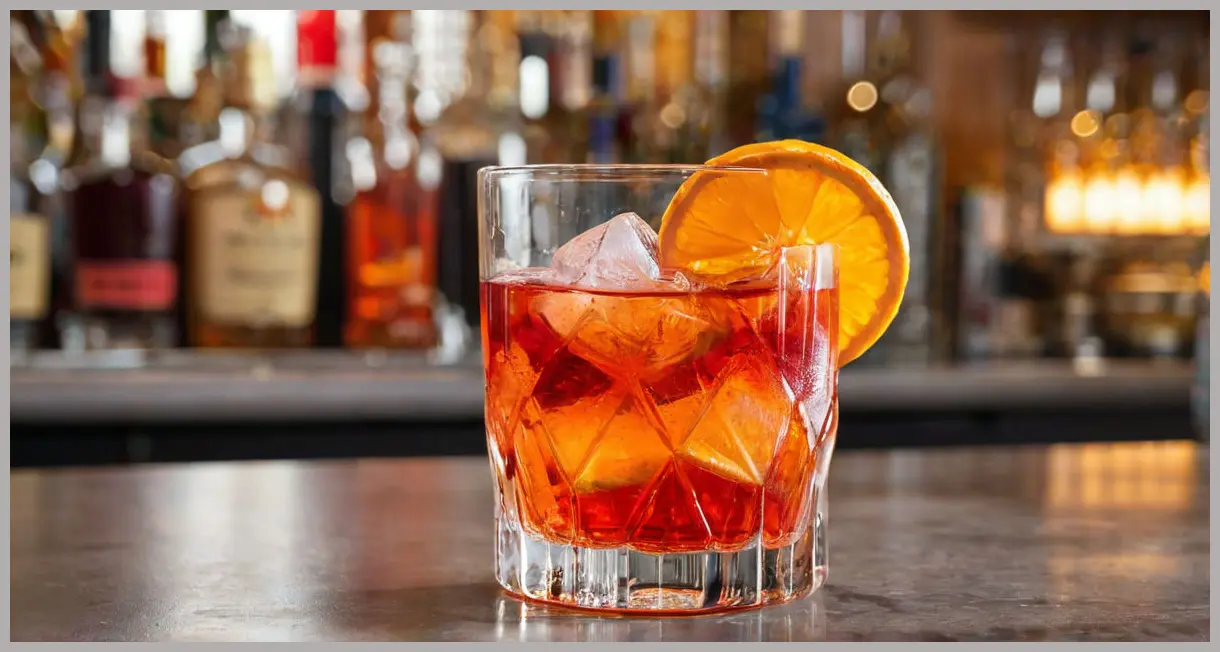 A close-up, photorealistic image of a vibrant Negroni sbagliato (negroni spritz) cocktail in a short tumbler with ice and orange zest, under golden hour lighting.