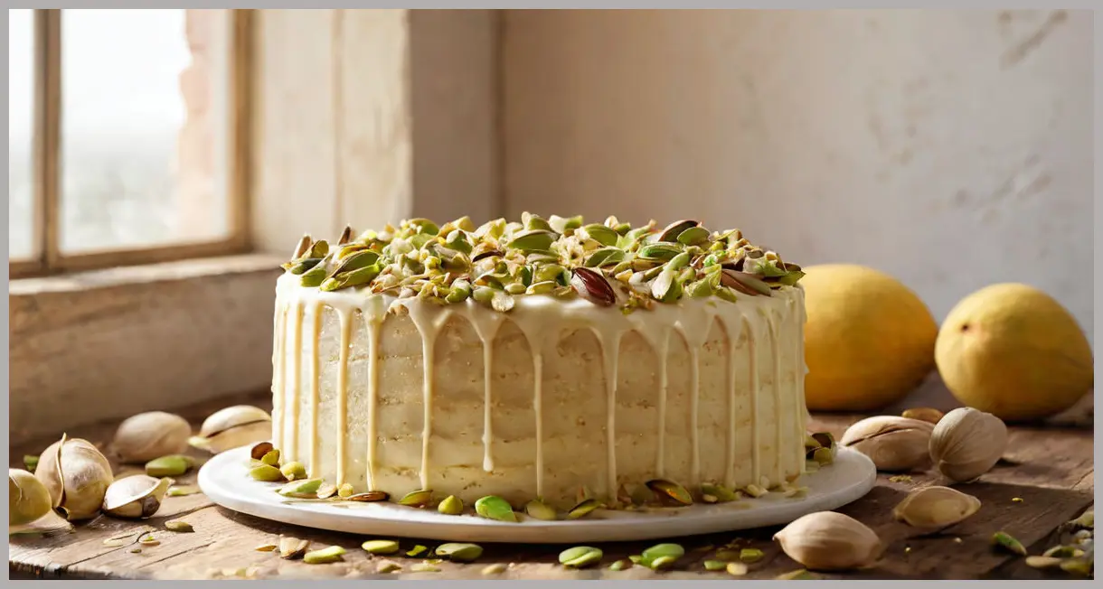Chetna Makan’s pistachio, cardamom and white chocolate cake on a wooden table, golden hour lighting, surrounded by pistachio shells and cardamom pods.