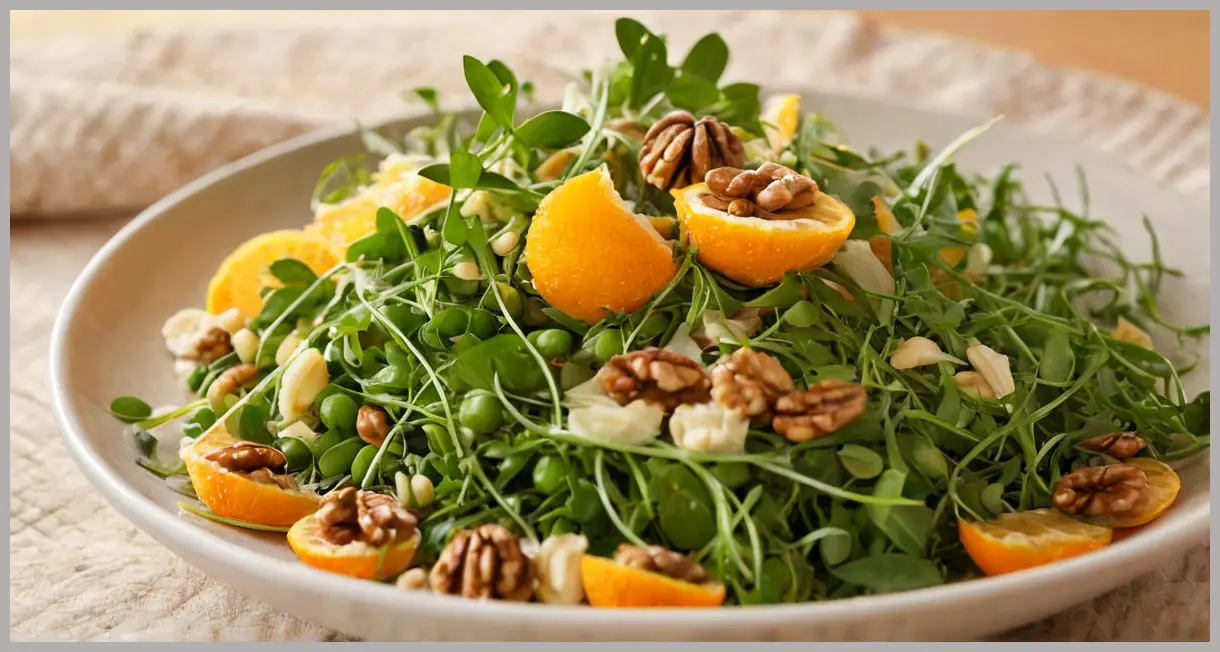 Close-up macro of orange, fennel and pea shoot salad with walnuts, backlit by golden hour, translucent orange slices, crisp fennel, dewy pea shoots, walnuts in sharp focus.
