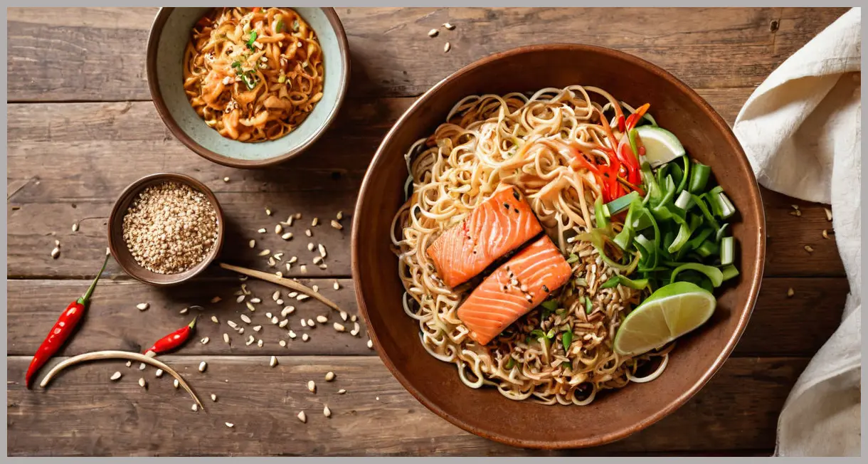 Overhead flat lay of peanut, sesame and ginger noodles with wild Alaskan salmon in a ceramic bowl, golden hour lighting, rustic wooden table, fresh garnishes.