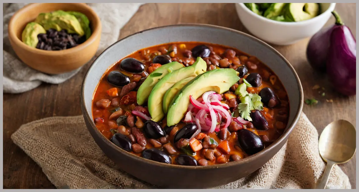 Steaming bowl of smoky vegan chilli with avocado and pickled onions, captured in golden hour light. Top-down shot, cozy mood. Smoky vegan chilli