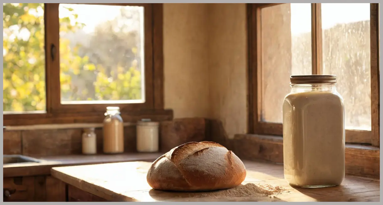 Wide shot of The Dusty Knuckle’s sourdough starter on a rustic counter, golden hour light streaming through a window, flour dust floating, warm wooden tones.