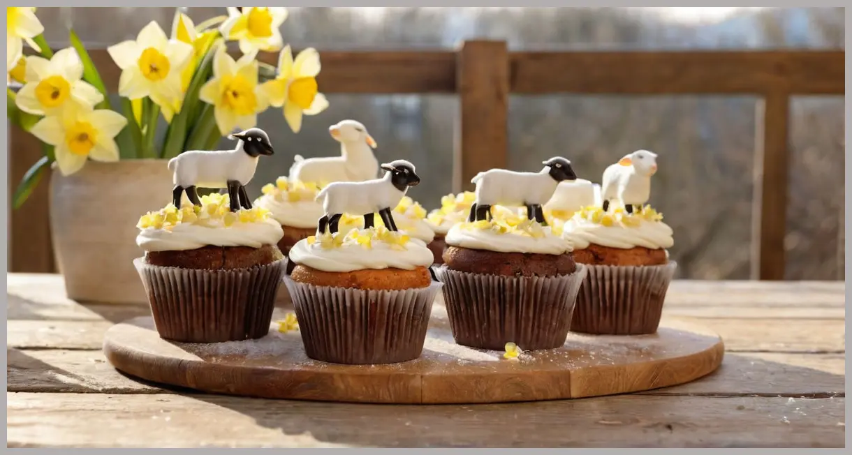 Spring lamb cupcakes on a rustic table, backlit by golden hour glow, surrounded by blooming daffodils, with sugarpaste lamb toppers in sharp focus.