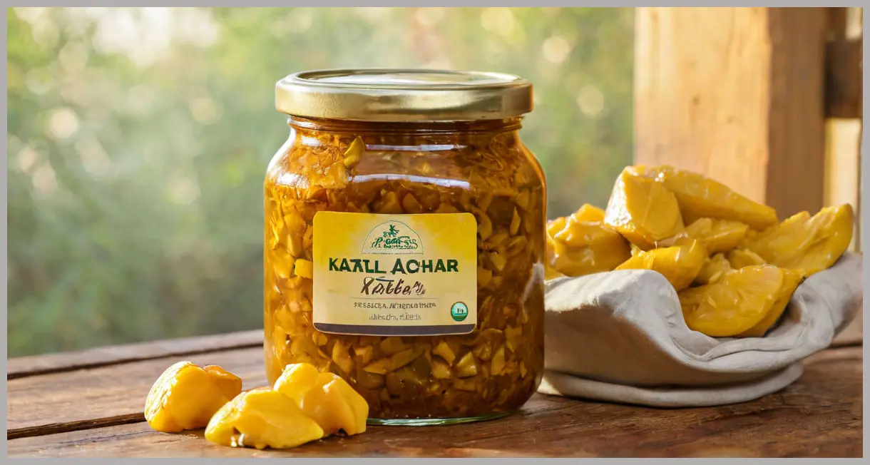 A close-up of a glass jar filled with Jackfruit pickle (Kathal achaar), glowing under golden hour light, oil shimmering on spiced chunks.