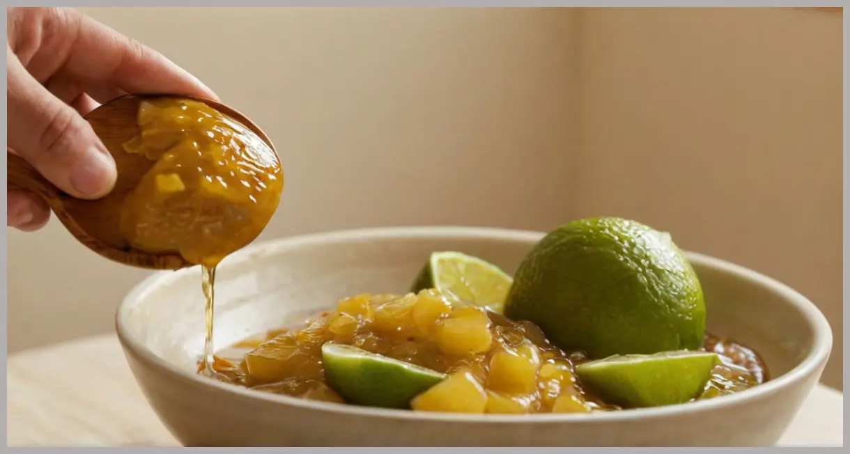 A spoon lifts a lime pickle chunk in golden light, oil dripping slowly, evoking warmth and homestyle comfort. Lime pickle