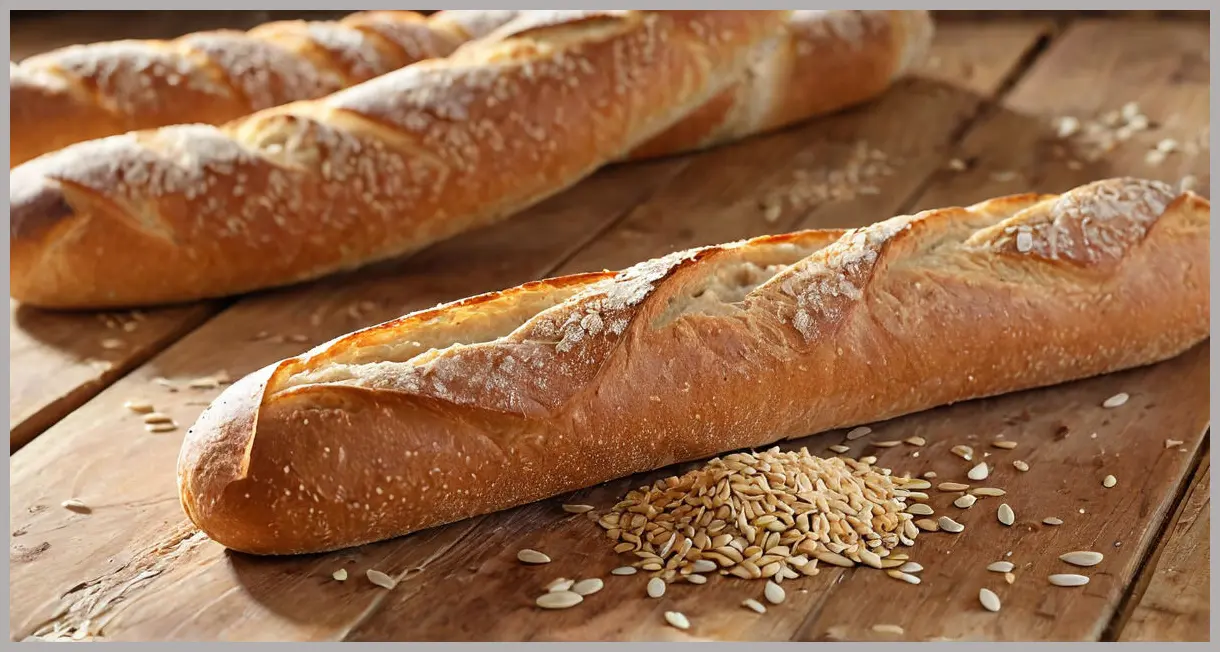 Close-up of The Dusty Knuckle’s linseed baguettes with a golden crust, steam rising, torn to reveal chewy interior on rustic wood.