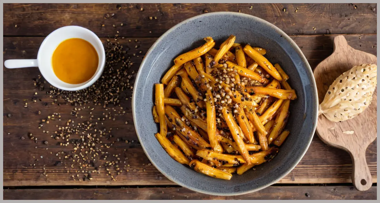 Overhead view of roasted Marmite parsnips with poppy seeds on rustic wood, caramelized edges steaming, warm autumnal lighting. Marmite parsnips with poppy seeds