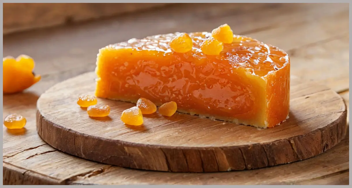 A close-up of a freshly cut slice of Membrillo (quince paste) on rustic wood, bathed in morning light, with intricate sugar textures.