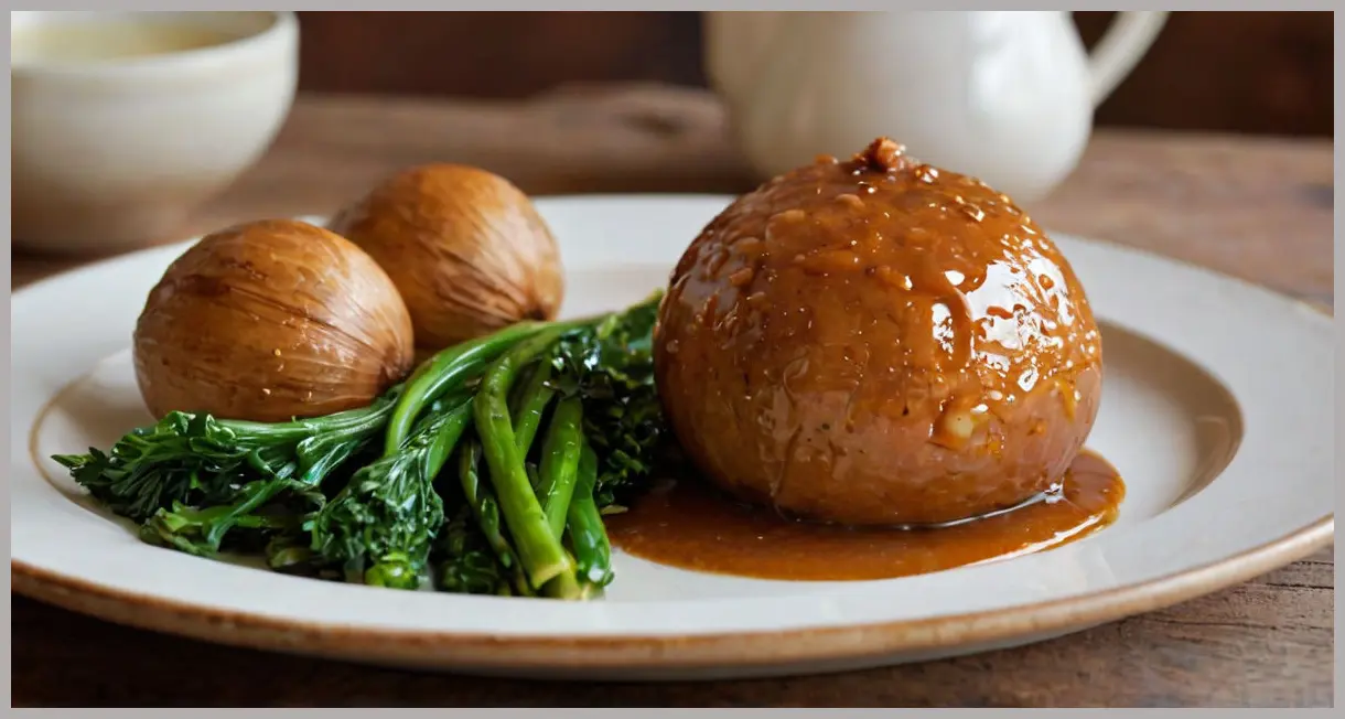 Close-up of golden-brown nut roast balls drizzled with rich onion gravy, served with vibrant steamed greens on rustic ceramic. Nut roast balls, onion gravy and greens