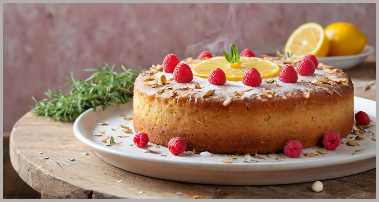 A close-up of a freshly baked orange blossom, lemon thyme and almond cake on a wooden table, golden crust with almond flakes, drizzled syrup, and scattered raspberries.