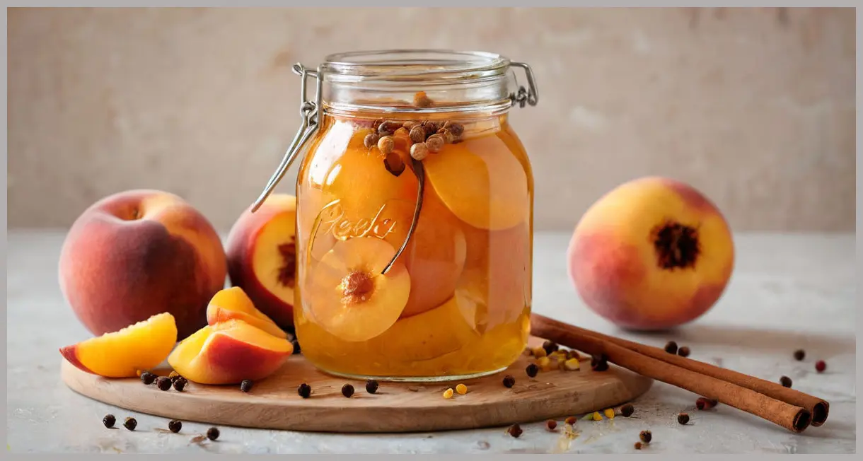 Pickled peaches in a glass jar, glowing with golden syrup and spices, captured in a close-up shot with shallow depth of field.