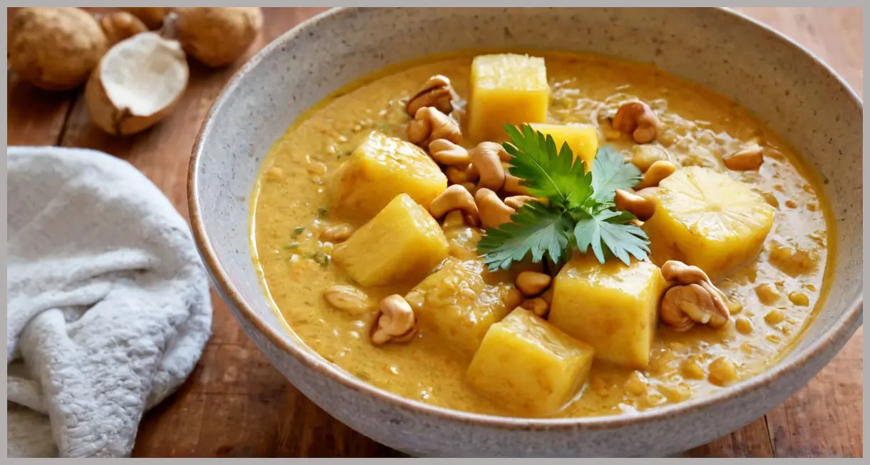 Overhead view of a vibrant curry in a ceramic bowl, featuring golden sauce, pineapple chunks, cashews, and fresh coriander. Potato, pineapple and cashew curry