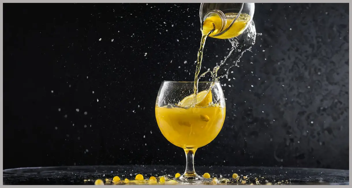 Dynamic splash shot of Gennaro Contaldo’s limoncello pouring into a glass, with frozen mid-air droplets and golden liquid cascade.