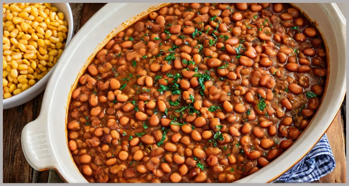 Top-down view of a rustic clay casserole dish filled with golden-brown Prebranac (caramelised-onion baked beans), steam rising, parsley garnish, on a wooden table. Cozy evening mood.