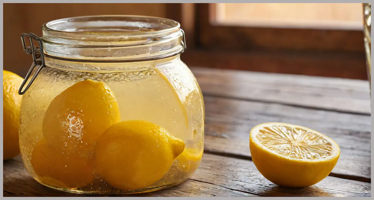 Close-up of preserved lemons in a glass jar, backlit by golden hour light, with condensation droplets and rustic wooden background. Preserved lemons