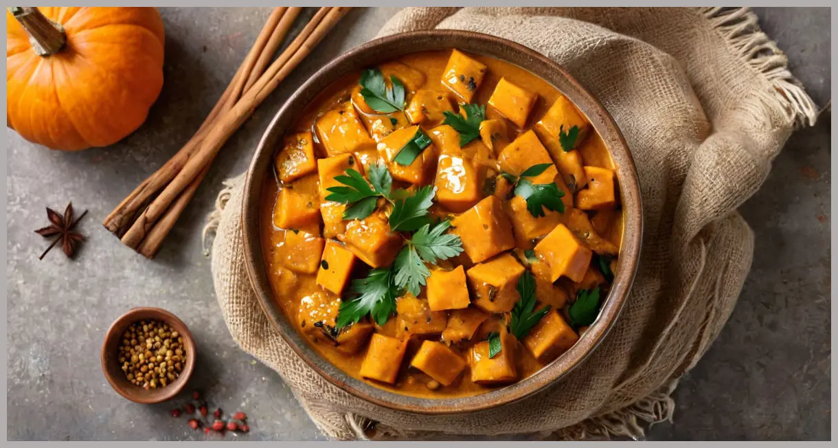 Top-down view of a clay bowl with pumpkin curry, golden lighting, chunky pumpkin, tamarind glaze, and fresh herbs. Pumpkin curry