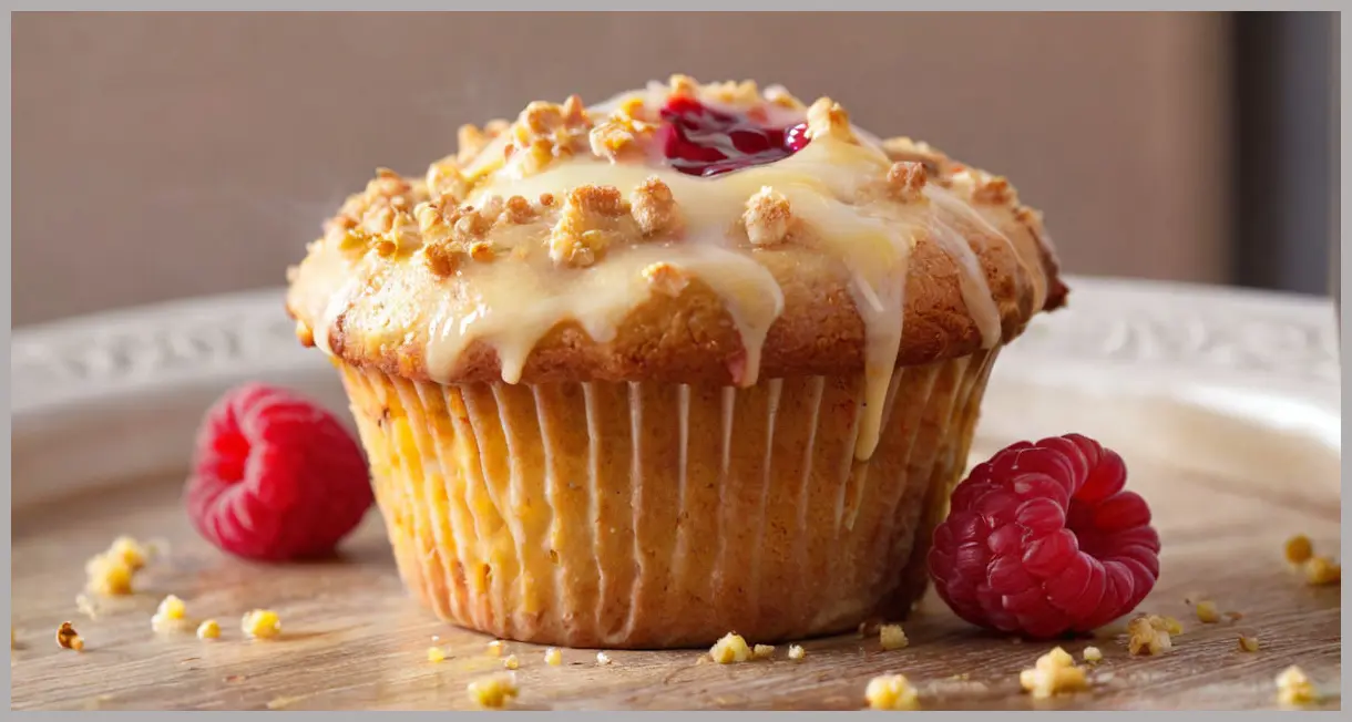 A close-up of a freshly baked raspberry and custard muffin, glazed with raspberry jam and sprinkles, resting on a wooden table in soft morning light.