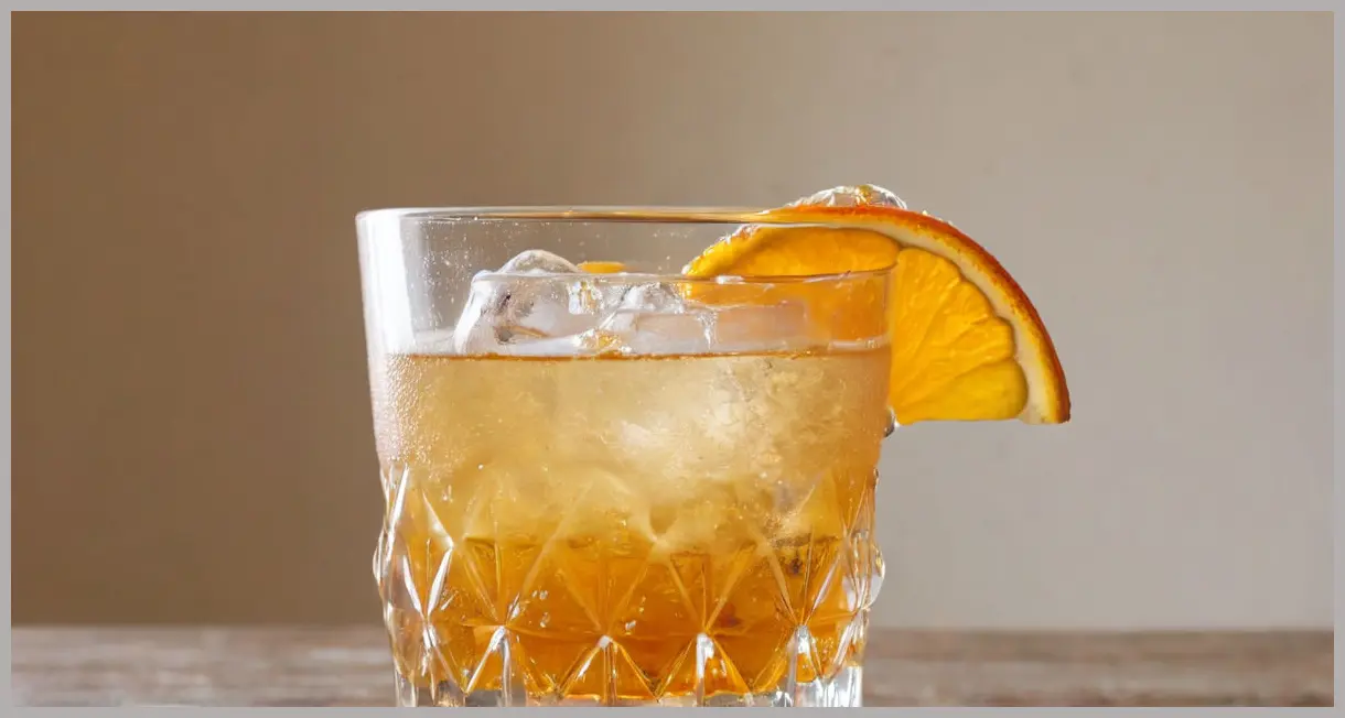 A frosted glass of sherry spritz cocktail in close-up, glowing with amber hues, topped with ice and an orange twist. Sherry spritz