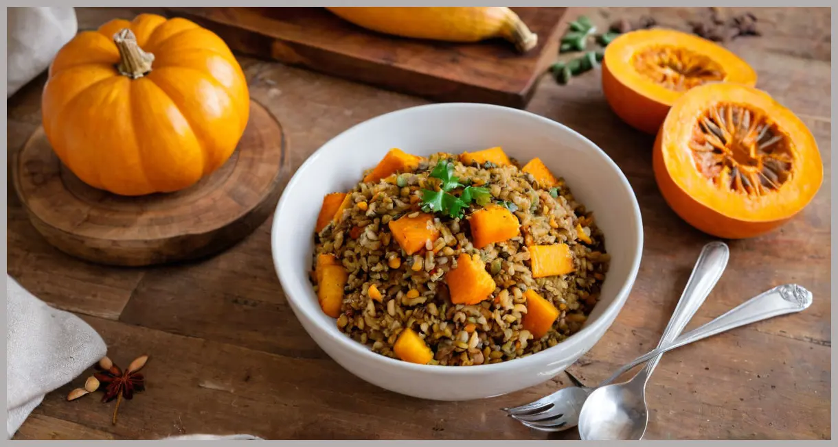 Top-down view of a rustic bowl filled with spiced rice and lentils with roast squash, bathed in golden hour light, steam rising, earthy spices visible.