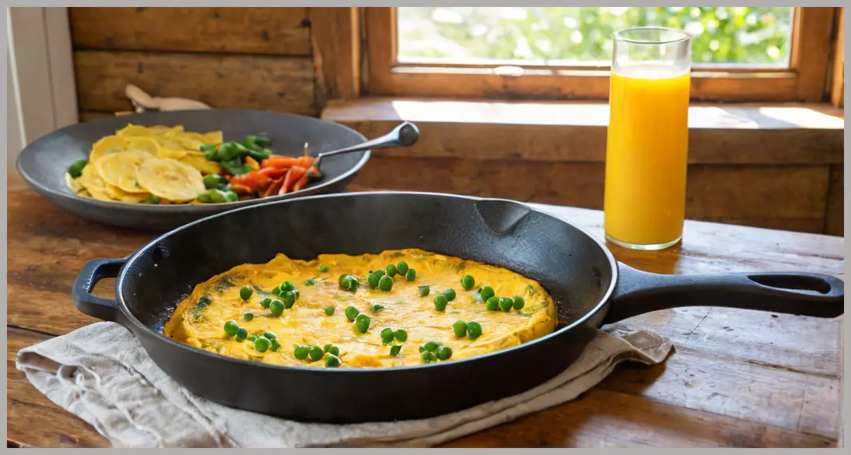 Top-down view of a sizzling spicy vegan omelette in a skillet, bathed in morning sunlight, with crispy edges and vibrant ingredients. Spicy vegan omelette