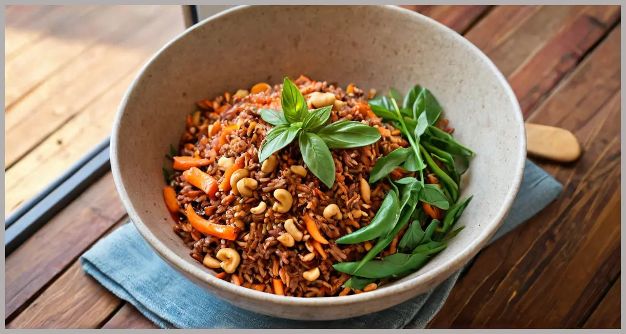Overhead view of a steaming bowl of stir-fried red rice with carrots, cashews, and basil on a wooden table. Stir-fried red rice