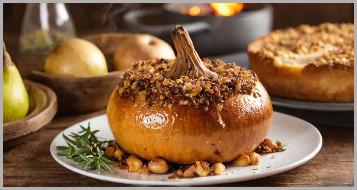 A close-up of freshly baked stuffing on a rustic wooden table, golden crust with caramelised onions, pears, and chestnuts, steam rising, thyme garnish. Caramelised onion, pear and chestnut stuffing