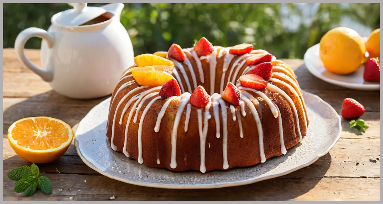 Close-up of a freshly baked bundt cake with citrus glaze, strawberries, and mint on wood. Summer-cup bundt drizzle cake