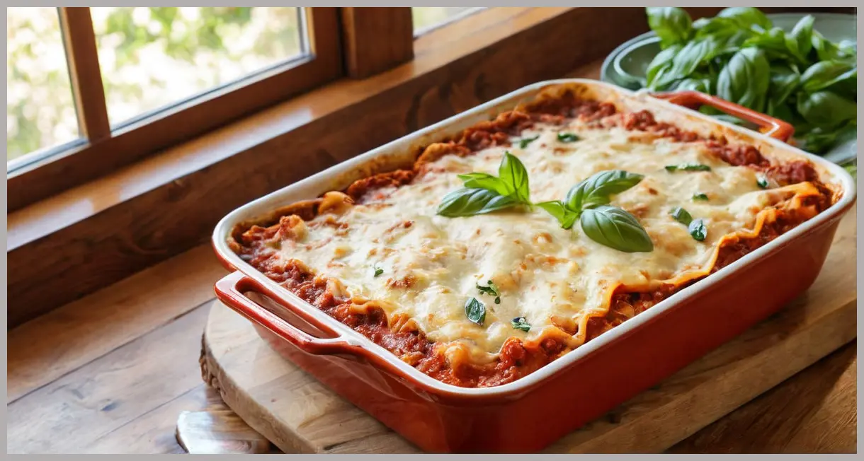 Overhead shot of a freshly baked Ultimate vegan lasagne in ceramic dish, golden crust, basil garnish, warm sunlight, wooden board.
