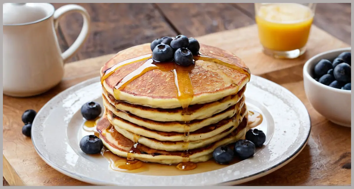 Top-down view of a fluffy vegan blueberry pancakes stack with melted butter, fresh blueberries, and powdered sugar, bathed in soft morning light. Vegan blueberry pancakes