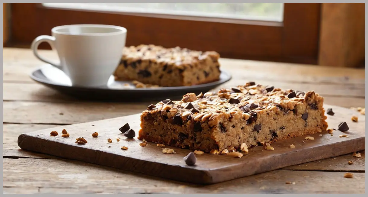 Close-up of freshly baked vegan chocolate chip oat bars on wood, golden crust with dark chocolate chunks, warm morning light.
