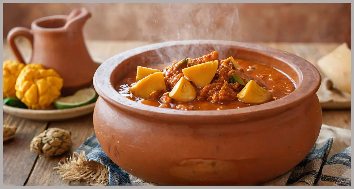 A close-up of a rustic clay pot filled with vegan jackfruit masala, steam rising, bathed in golden hour light. Rich textures and warm tones. Vegan jackfruit masala