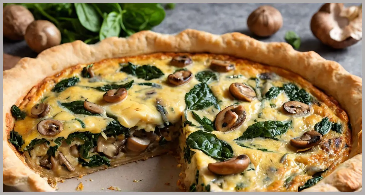 Overhead view of a freshly baked vegan quiche with golden crust, creamy filling, mushrooms, and melted cheese. Vegan quiche