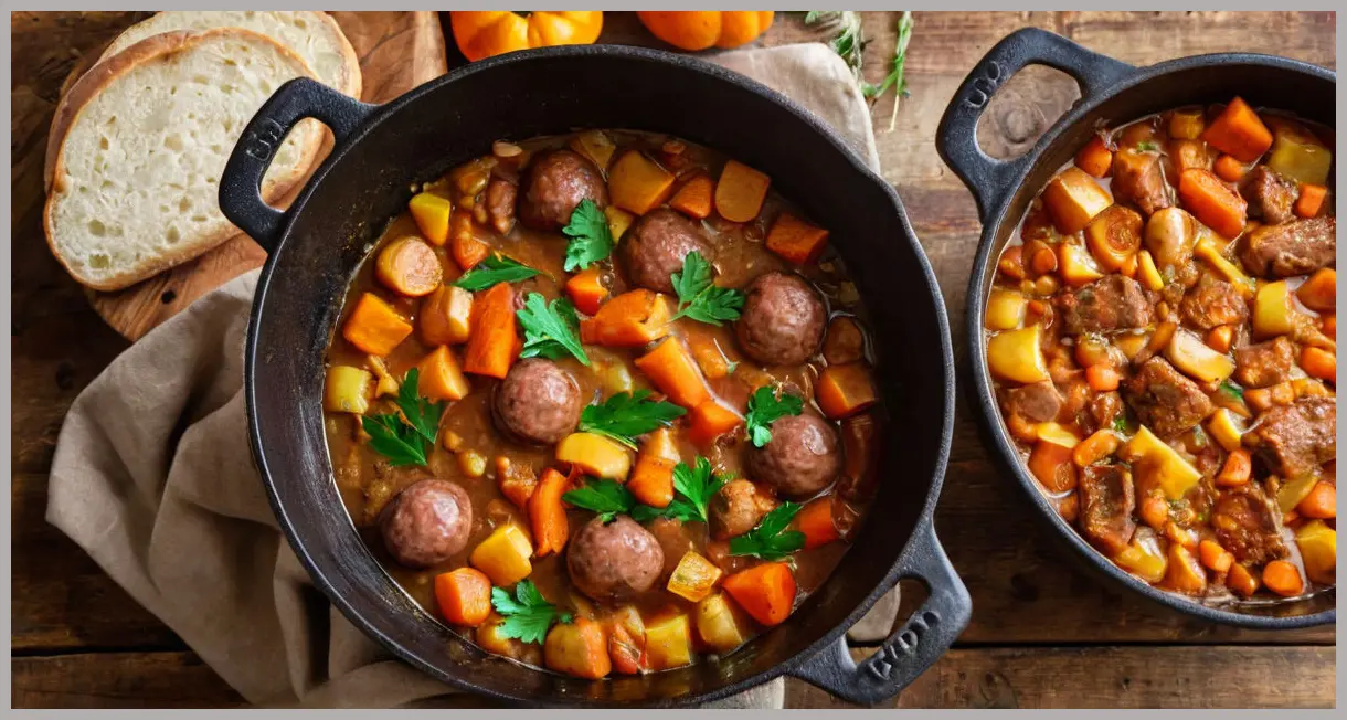Vegan sausage casserole in a cast-iron pot, top-down view with steam rising, vibrant root vegetables in rich gravy, warm golden hour lighting.