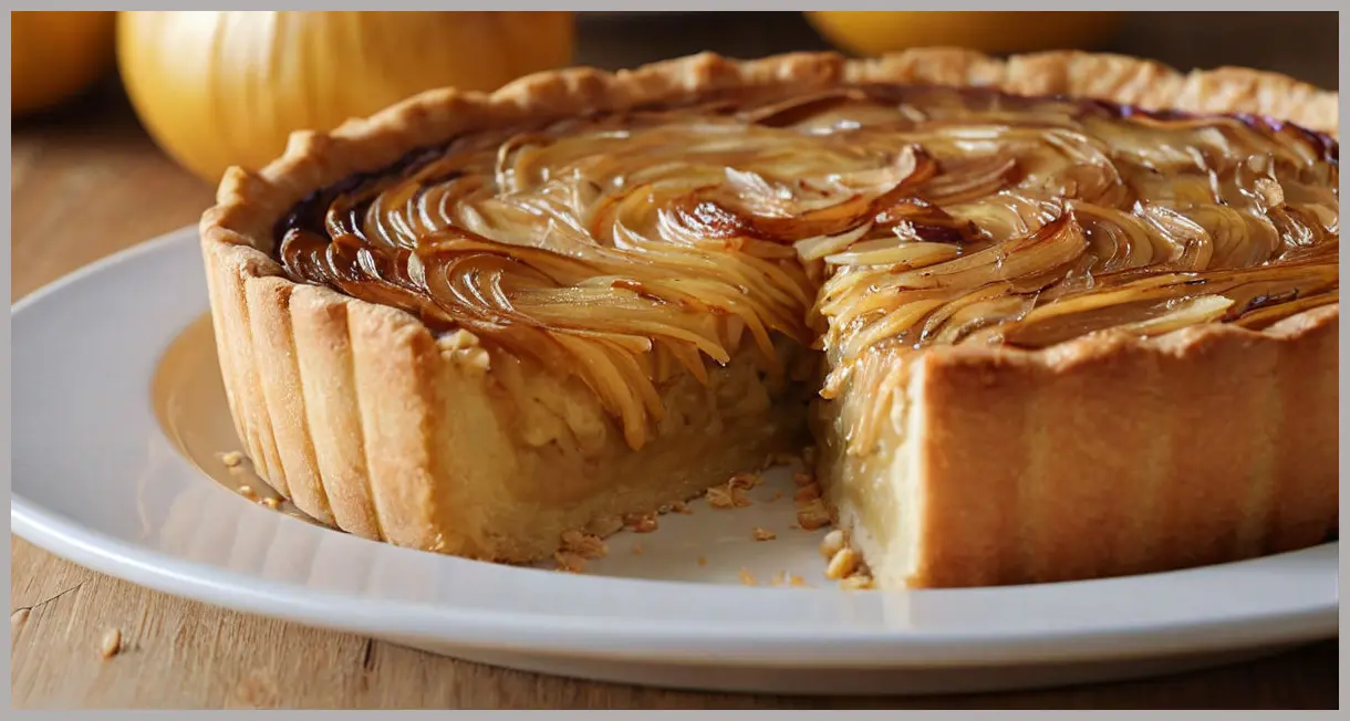 A close-up of a freshly baked vegan tart with miso-glazed onions and almond frangipane, crisp pastry edges, warm lighting. Vegan tart with miso, frangipane and onions
