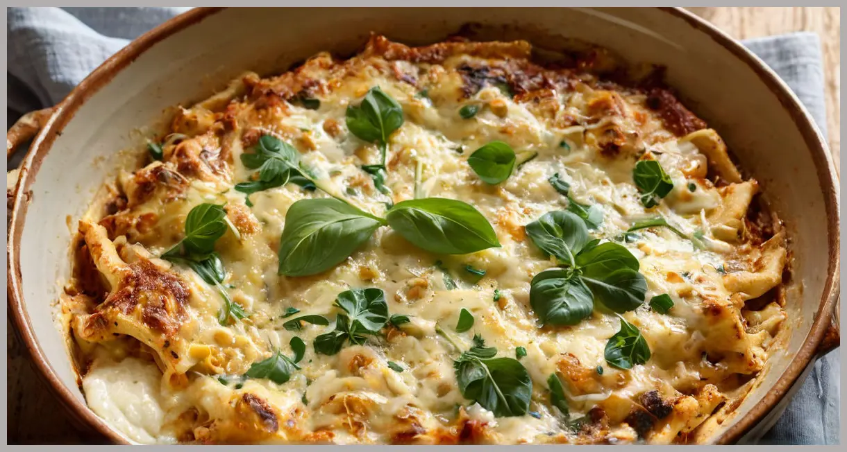 Overhead view of a freshly baked vegan wild garlic lasagne in ceramic dish, golden edges, creamy layers, and wild garlic flecks. Vegan wild garlic lasagne