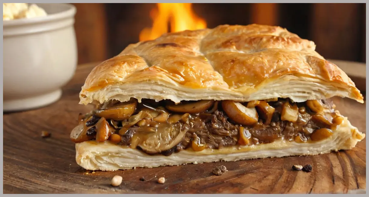 Veggie steak slice in close-up, flaky puff pastry with umami-rich filling, golden crust glowing under soft studio light, steam rising subtly.